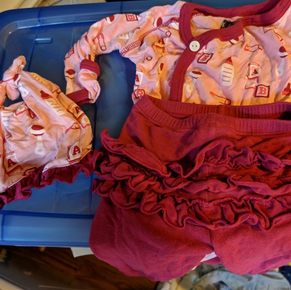 Kickee Pants body suit, ruffle pants and hat set